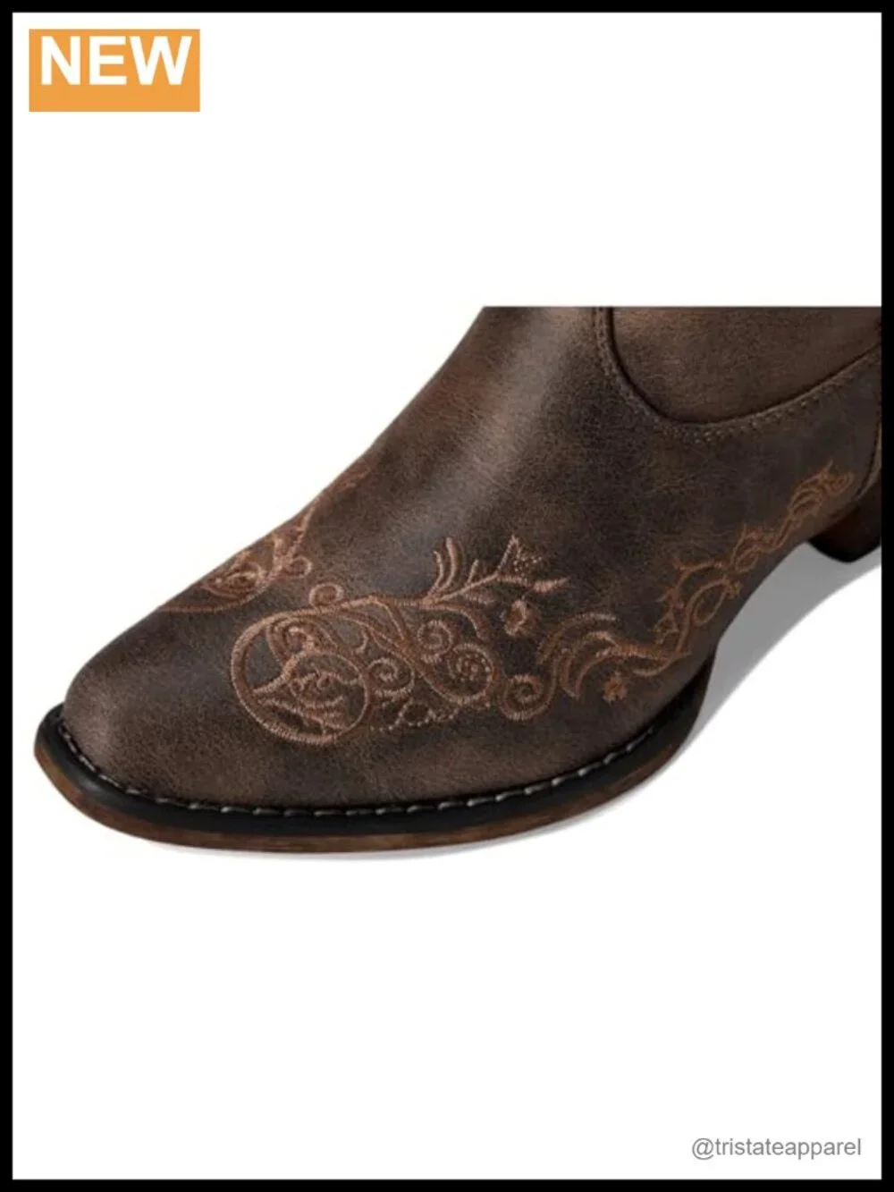 Riley Scroll Embroidered Snip Toe Mid Calf Boots, Faux Leather, Low Heel